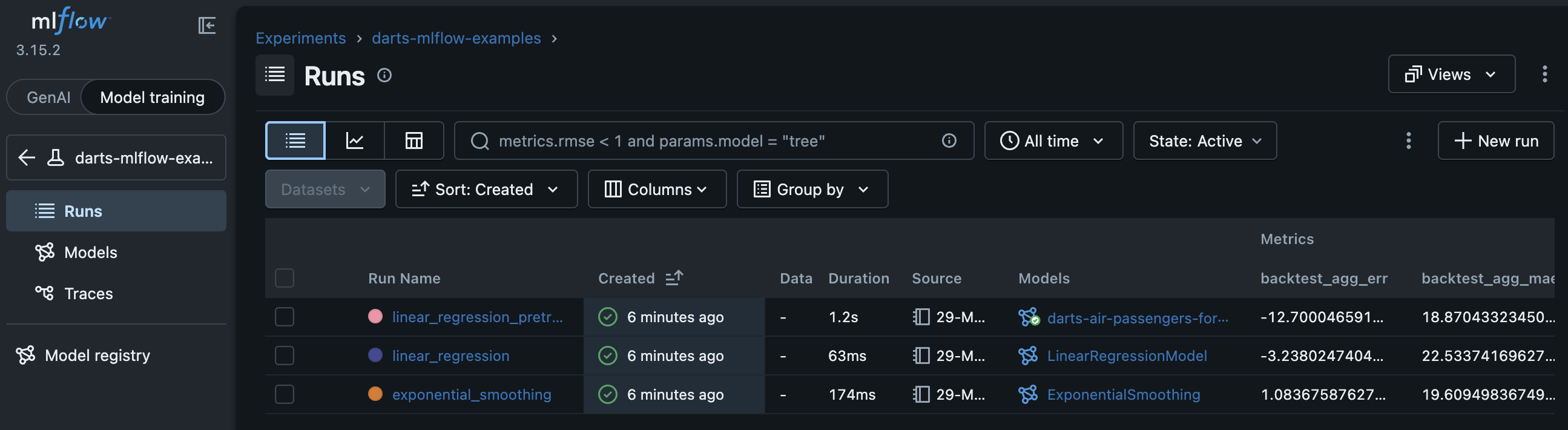 MLflow runs table view