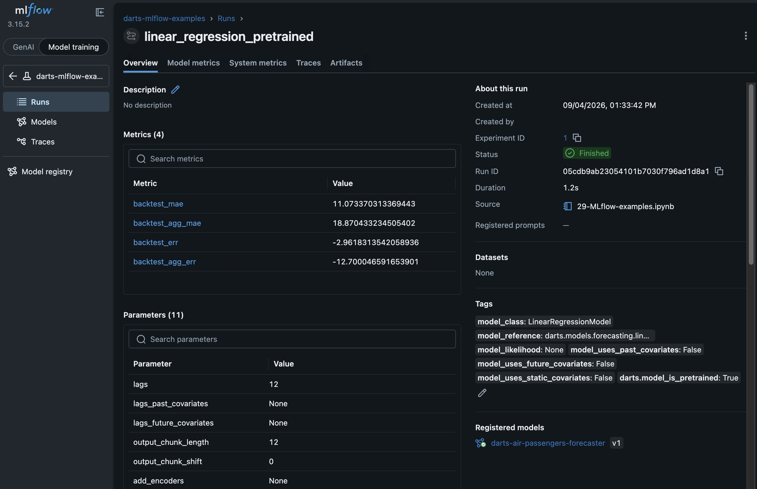 MLflow run detail page